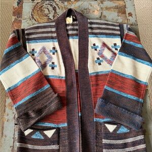 Aztec Print Shawl Collar Cardigan Sweater in Earthy Brown, Red & Cream